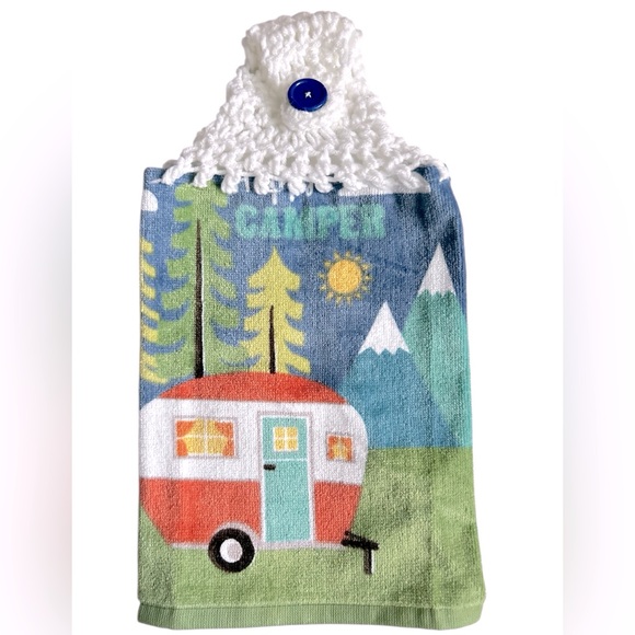 HAND CRAFTED Colorful Camper Crochet Top Hanging Kitchen or Bathroom Hand Towel - Picture 1 of 7